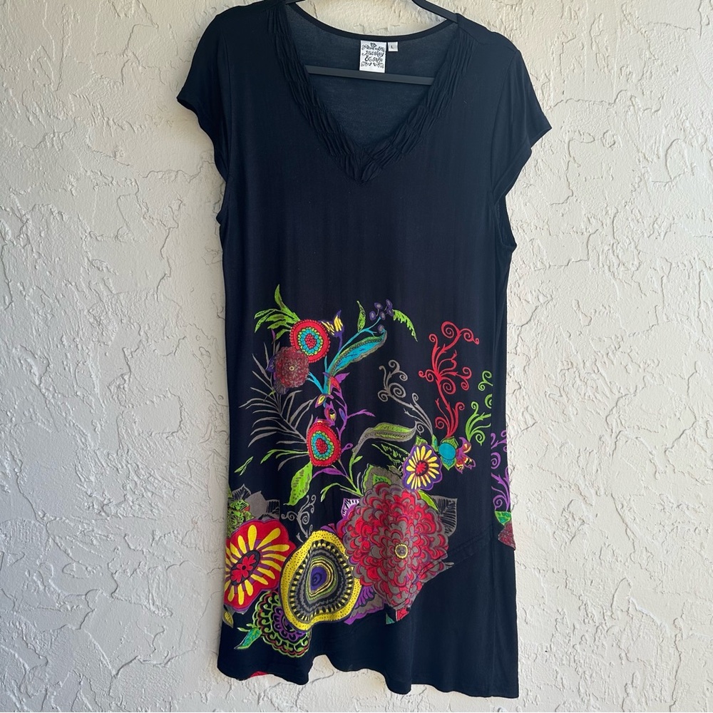 Parsley & Sage Black Dress with Colorful Floral Design